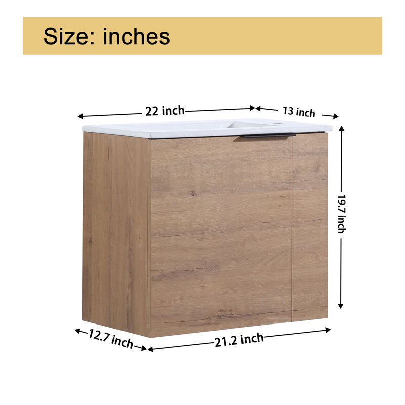 Creedan 22"Single Sink Wall Mounted Bathroom Vanity,Floating Vanity with 1 Door, White Ceramic Sink Top, Imitative Oak