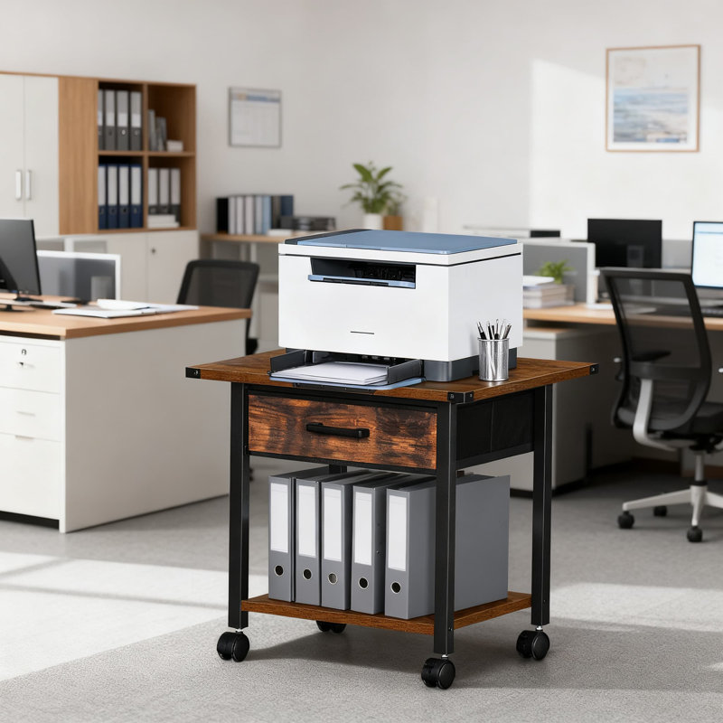Support pour imprimante sous le bureau avec tiroir de rangement, chariot d'imprimante mobile à 2 niveaux avec roues verrouillables et cadre en acier pour le bureau à domicile