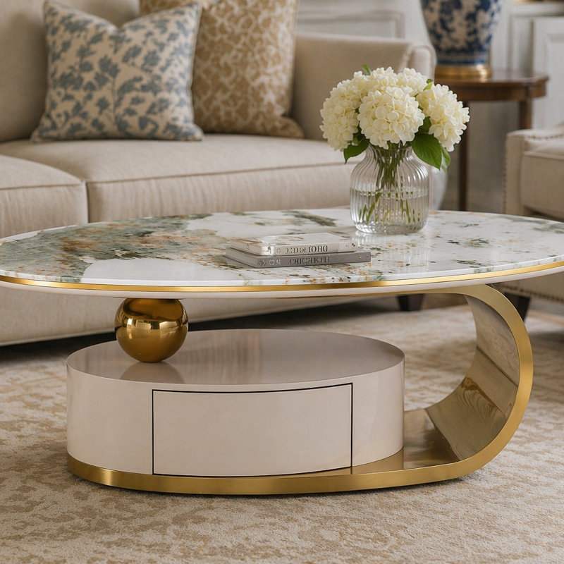 Table basse ovale de luxe de 51,18 po avec tiroir, plateau en verre imprimé, cadre en acier inoxydable brossé 201 #, centre de rangement de salon moderne