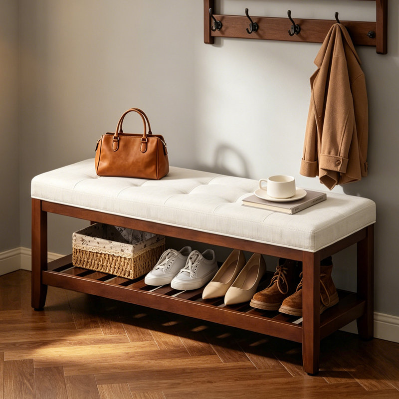 Banc de rangement capitonné de style ferme de 112 cm (44 po), banc d'entrée en bois massif, Beige