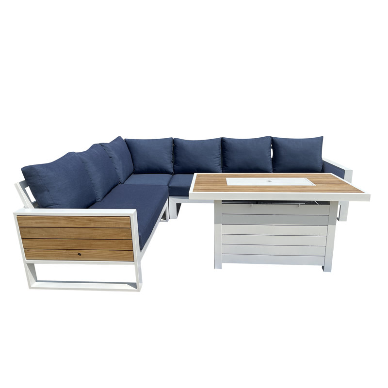 Ensemble de canapé modulaire d'extérieur en aluminium 5 pièces avec coussins et foyer, Blanc, Bleu