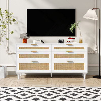 Commode en rotin avec tiroirs, commode à 6 tiroirs pour la chambre à coucher, armoire de rangement pour vêtements pour la chambre à coucher, poignée en métal et pieds en bois pour le couloir, le salon, la chambre à coucher