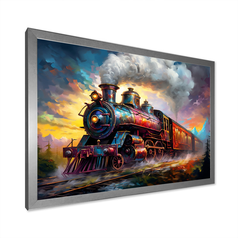 "Steamtrain Travelling In The Sunset", reproduction d'art sur toile I, H 12 po x l 20 po x P 1 po, Cadre simple argenté