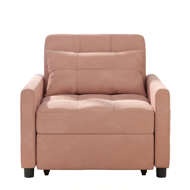 Fauteuil d'appoint convertible 3 en 1, canapé-lit rembourré escamotable avec coussin décoratif, Mélange de lin rose