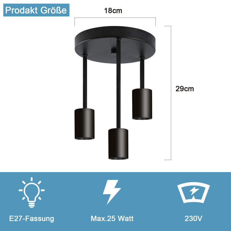 Flavien 3-Light E27 Semi Flush Mount 28cm , Black, 29cm H x18cm W x 25cm D