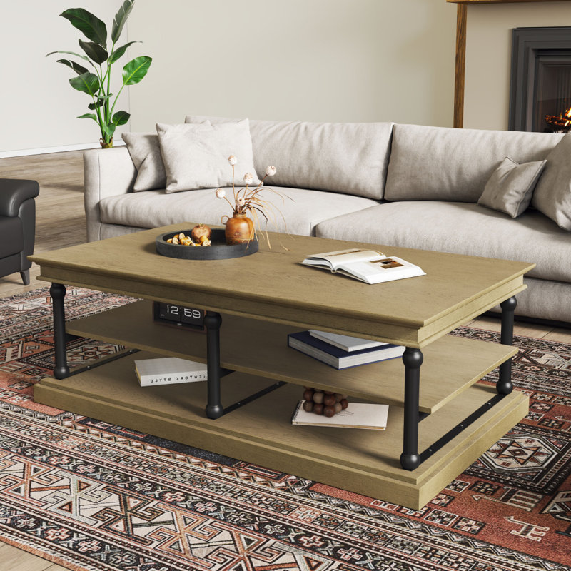 Table basse en bois 55,1 "avec pieds noirs, 2 tablettes de rangement ouvertes, table de salon moderne, brun, Brun