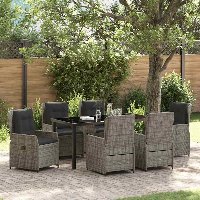  Ensemble de salle à manger de jardin 7 pièces en rotin de polyester gris, Grey Cushion/Light Brown Frame, 6