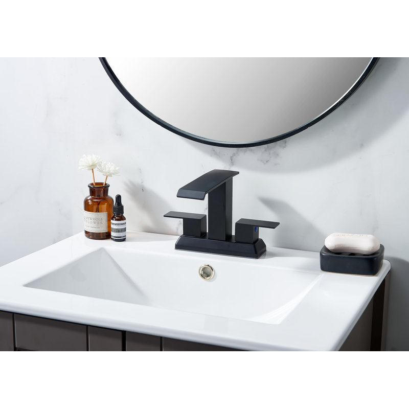 Robinet de salle de bain noir à cascade 4 pouces, 2 poignées et 3 trous noir mat, robinet de lavabo de lavabo avec bonde escamotable et tuyaux d'alimentation