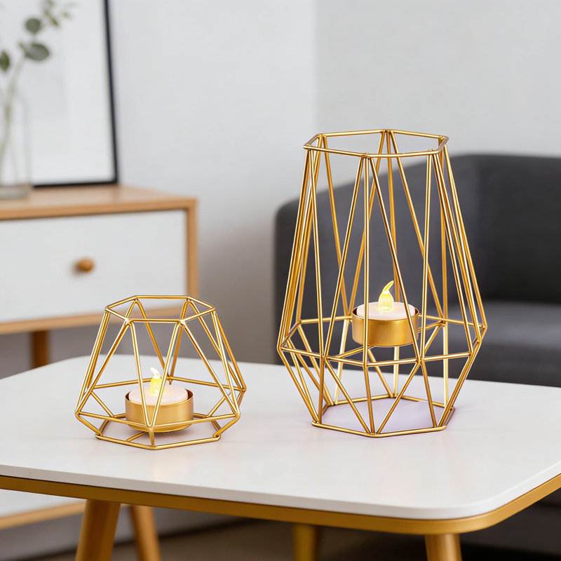 Geometric Hexagon Metal Tea Light Candle Holders, Hollow Iron Votive Candleholders For Vintage Wedding And Modern Home Table Decor