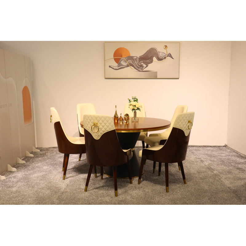 Vogue Lux Orange 61" Round Dining Set, Beige, 7 Pieces: Table, 6 Chairs, 31" H x 51" W x 51" D
