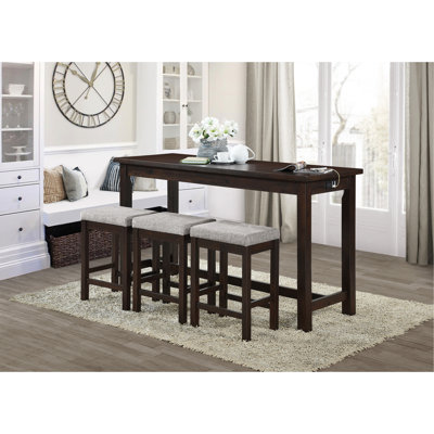 4Pc Counter Height Dining Set Counter Height Table W Drawer Built-In USB Ports Power Outlets And 3 Stools Casual Dining Furniture