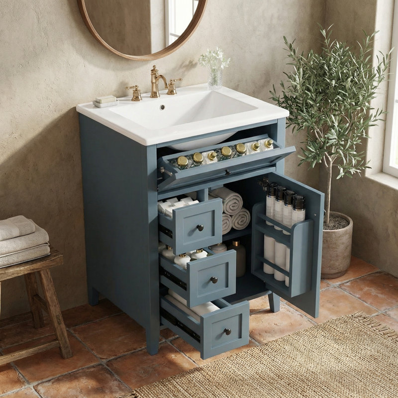 Meuble-lavabo moderne de 24 po avec lavabo, panneau de fibres à densité moyenne, bois d'hévéa, 3 tiroirs, armoire à tablettes, de taille petite ou moyenne