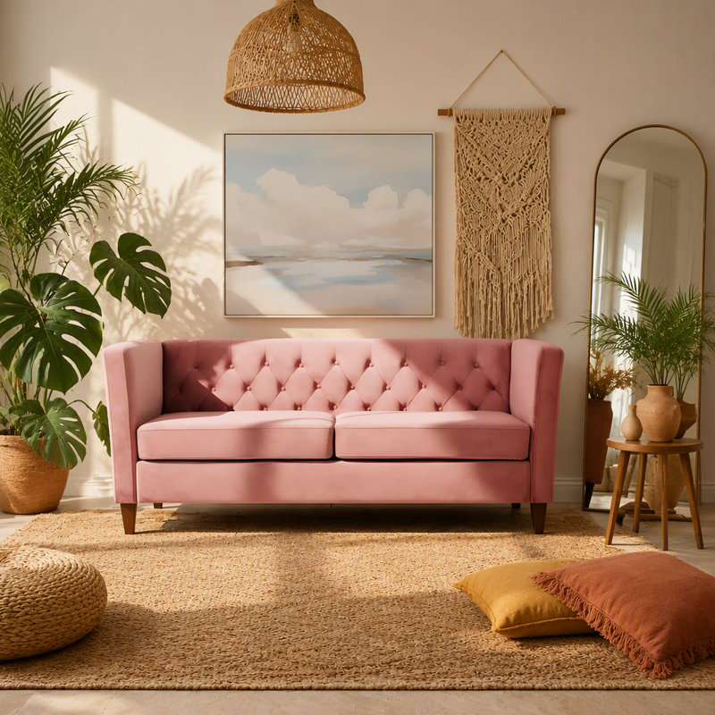 Canapé 3 places en velours capitonné avec pieds fuselés en bois, Polyester rose