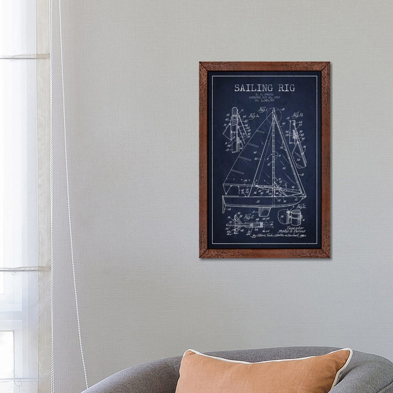 Sailboat Navy Blue Patent Blueprint 1 Piece Floater Frame Wall Art on Canvas, 152.5 cm H x 101.5 cm W, Brown Framed