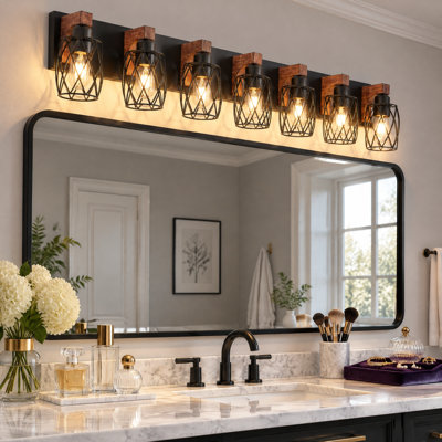 18'' 3-Light Wood Grain Bathroom Vanity Light, Industrial Metal Shade Wall Sconce