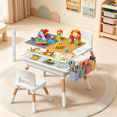 Ensemble de table et chaises d'activités pour enfants, table à dessin double face avec 2 chaises réglables, 4 bacs de rangement latéraux, jeu de sable et d'eau