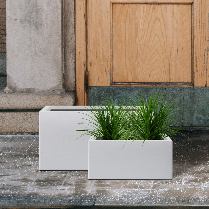 Tali 2 Piece Long Rectangular Lightweight Pure White Concrete Metal Indoor Outdoor Planter Pots, w/ Drainage Hole Set