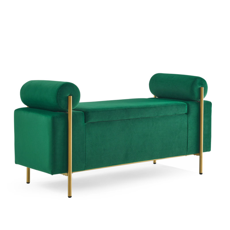 Élégant banc de rangement rembourré en lin avec accoudoirs cylindriques et pieds en fer pour le couloir, Vert