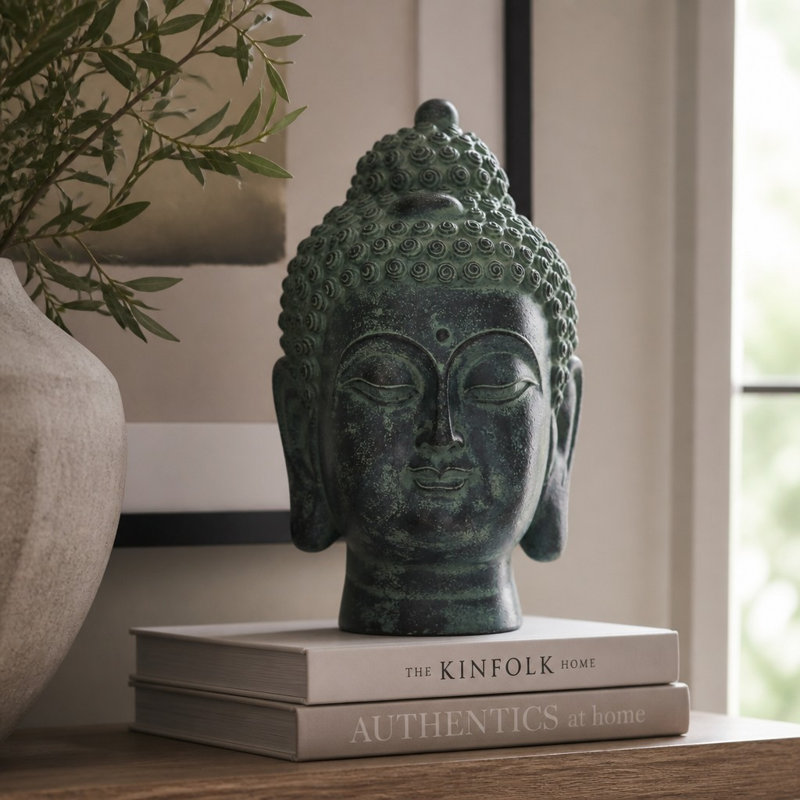 Meditative Buddha Head Statue, Gray