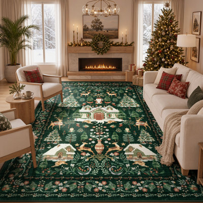 Tapis de Noël, motif hivernal festif, lavable et antidérapant, idéal pour le salon, la chambre à coucher, l'entrée et la salle à manger.