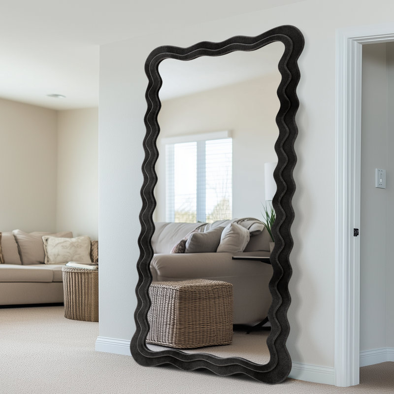Irregular Wavy Mirror, Large Floor Standing Mirrors Wall Mounted with Flannel Wrapped Frame for Bedroom & Living Room, Black