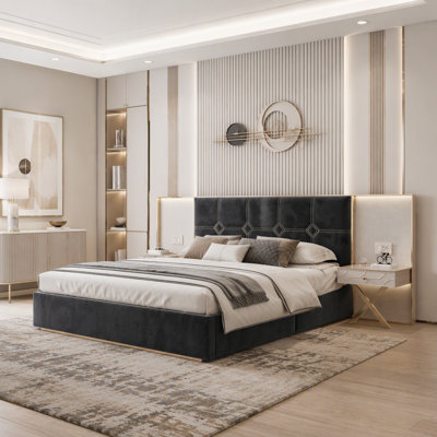 Lit plateforme luxueux avec tête de lit en velours, lumières DEL et tables d'appoint
