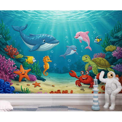 Underwater Watercolor Wallpaper Mural | Dolphin, Fish & Sea Turtle Wall Art | Ocean Nursery Wallpaper | Kids Room | Baby Room Mural  396DRE