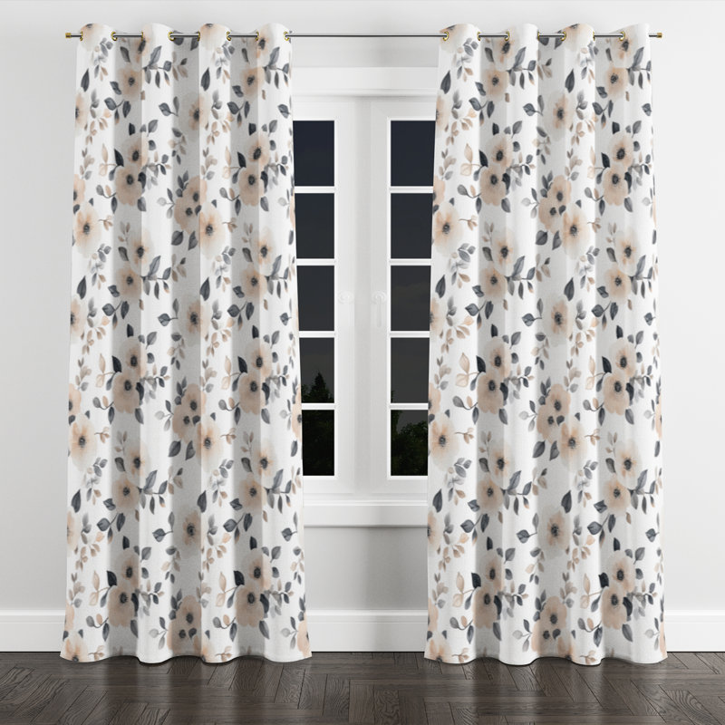 Boho Room Darkening Curtains - Brown Nomadic Bloom Grommet Curtain - 1 Panel, Gold Grommets, 52" W x 90" L