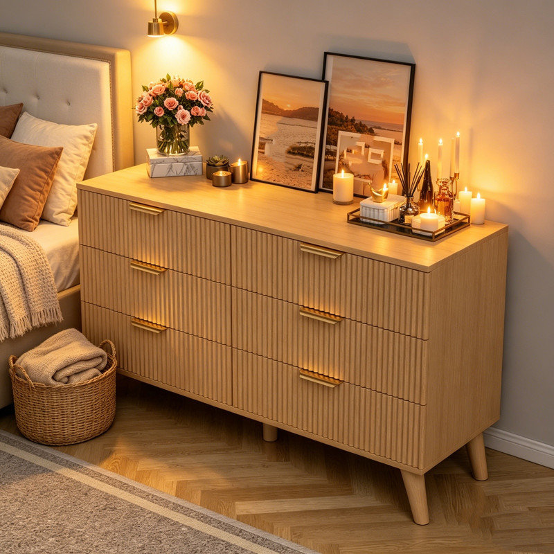 Commode en bois cannelée à 6 tiroirs, commode de rangement naturelle pour chambre à coucher et chambre de bébé
