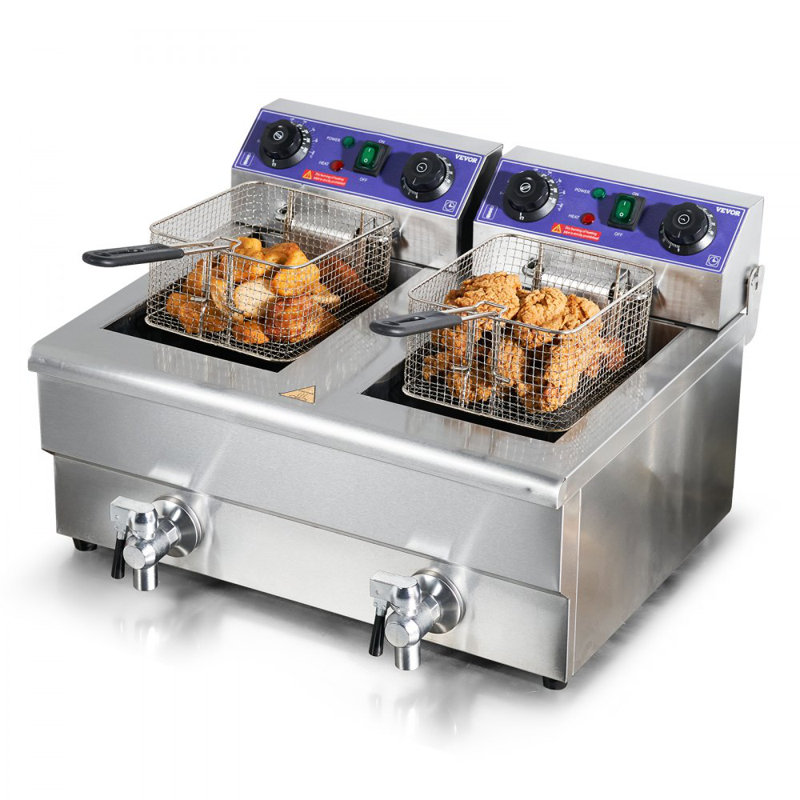 VEVOR 24L Electric Deep Fryer, With Timee And Drain, Dual Removable Baskets And Lid Included