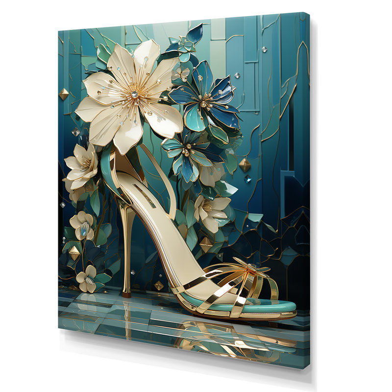 «Blue High Heel Floral Elegance I - Fashion High Heels», art mural, H 20 po x l 12 po x P 1 po, Toile tendue