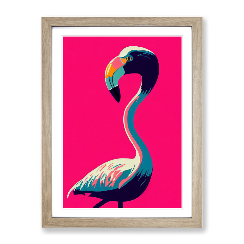 Unique Flamingo - Single Picture Frame Print, 34cm H x 25cm W x 2cm D, Oak Framed