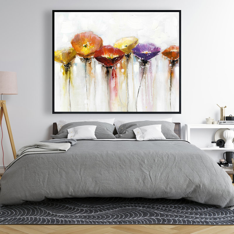 Multiple Colorful Abstract Flowers - Red Framed Canvas Art
