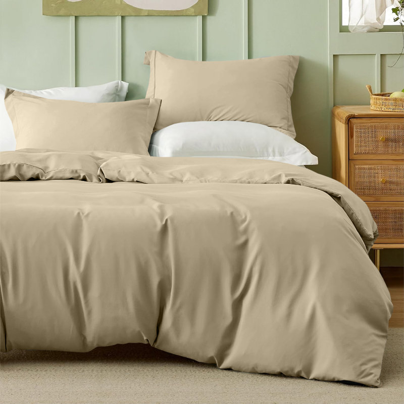 Onorino Luxury 4-Piece Dyed Duvet Set with Pillowcases or Fitted sheet (4 in 1), Beige, Double Duvet Cover Set