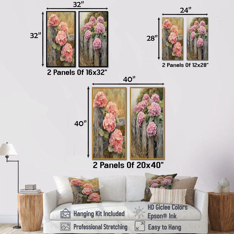 Farm Hydrangeas By The Fence I - Impression sur toile florale 2 panneaux, H 28 po x l 25 po, Cadre flottant doré