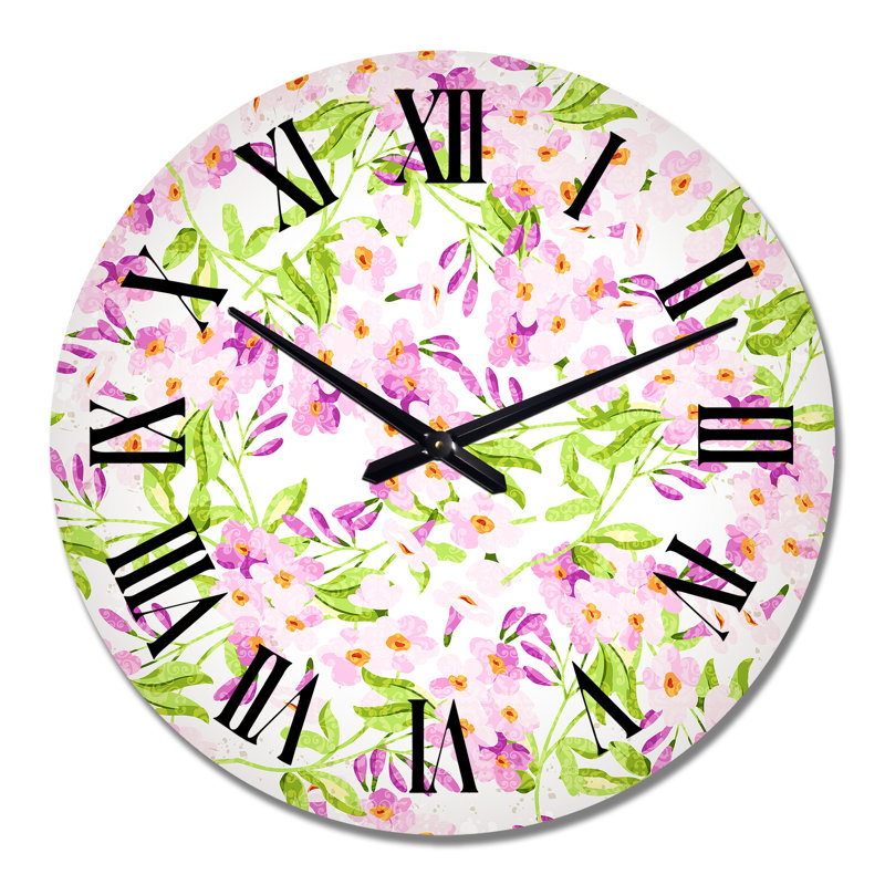 Horloge murale à motif de fleurs roses rétro avec feuilles vertes, Grand