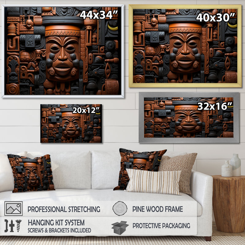 Masque africain brun et noir à motif de Kuba - Masque africain grand art mural, H 34 po x l 44 po x P 1,5 po