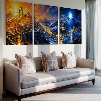 3 Pieces Exculisive Gold Music Notes Mountain Landscape Large Wall Art Dramatic Panoramic Canvas Art, Canvas Decor for Living Room, Bedroom and Office