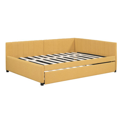 Full Size Upholstered Daybed with Trundle Sofa Bed Frame No Box Spring Needed, Linen Fabric