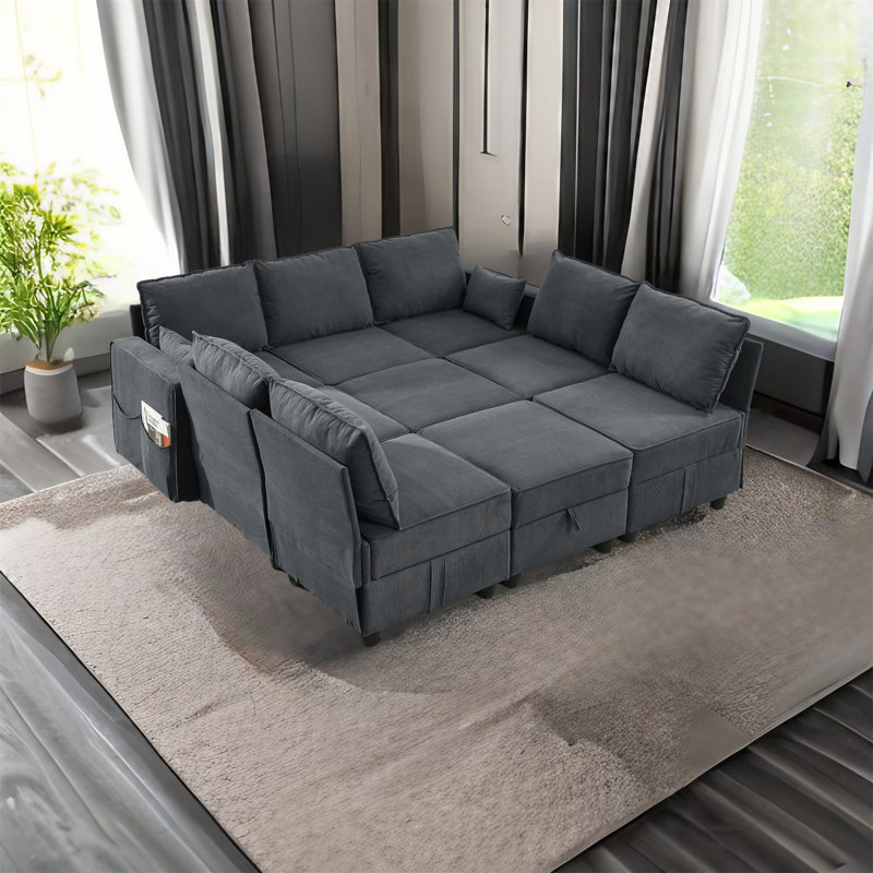 Canapé modulaire 9 pièces Ghulam, Velours côtelé gris foncé