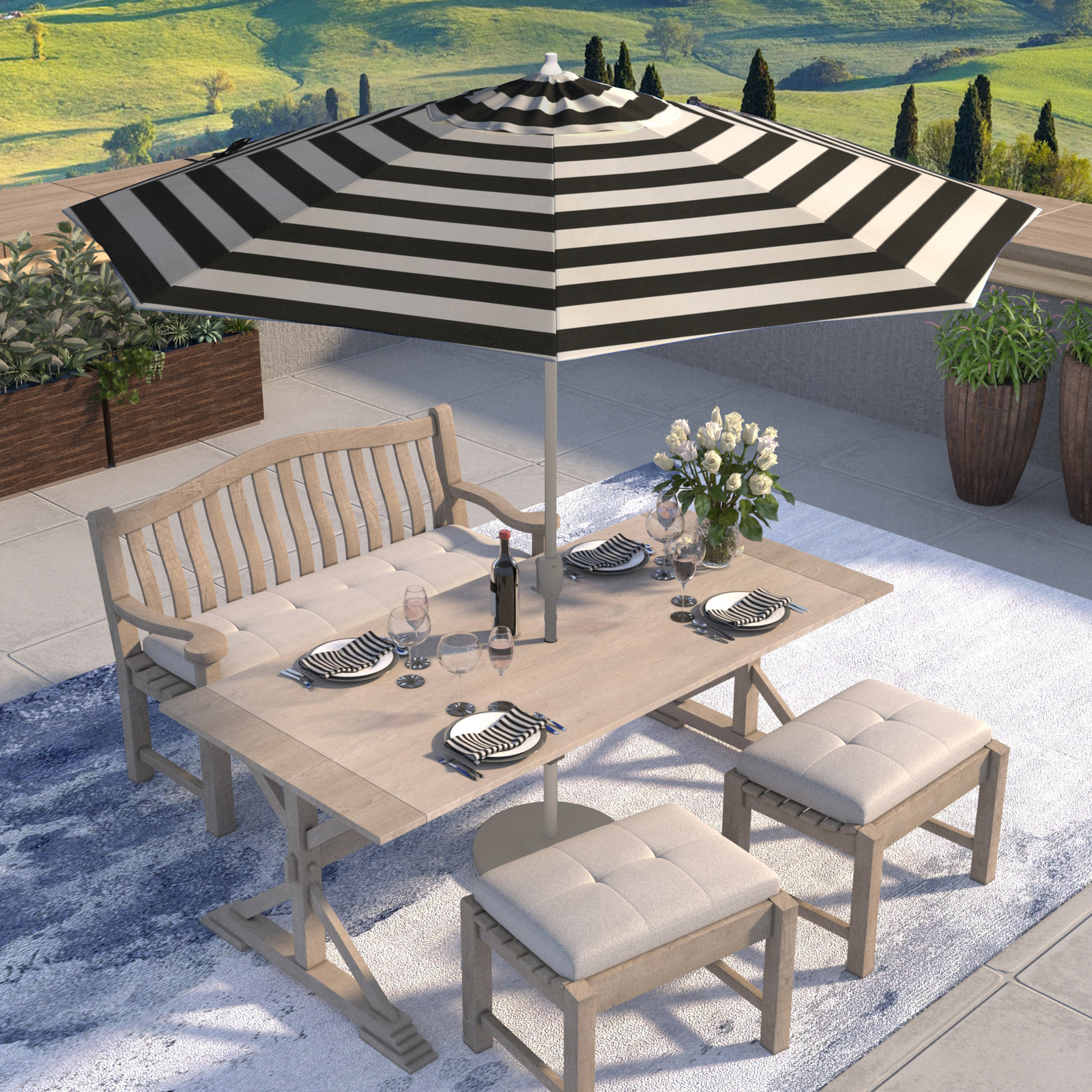 Kenne Sunbrella® Outdoor Umbrella, 108" W x 108" D, Cabana Classic Black Stripe Sunbrella®