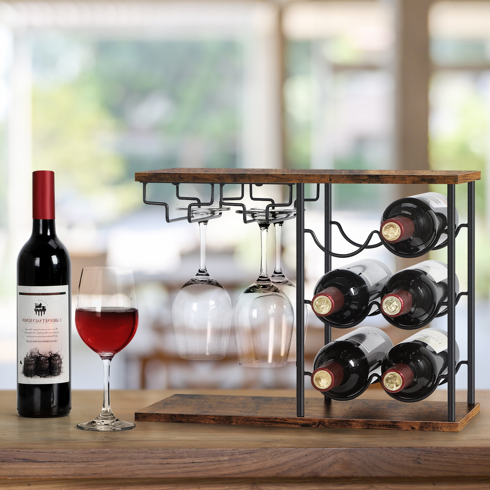 Wine Rack Countertop, Wooden Wine Stand With Tray, Holds 9 Wine