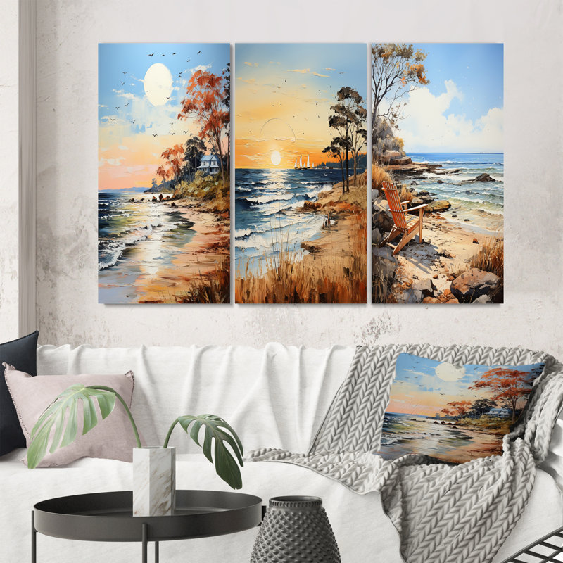 «Coastalbeach Beach Bliss Pointillism», 3 pièces sur toile, Toile tendue, H 20 po x l 36 po