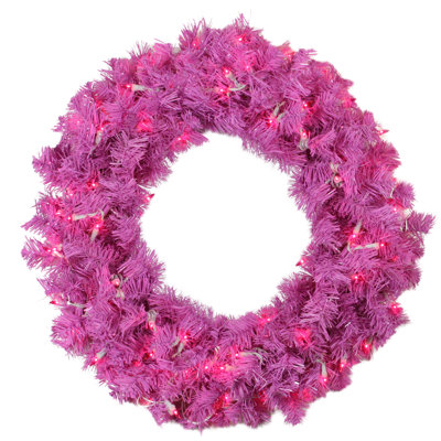 Couronne de Noël artificielle pré-éclairée en pin cèdre rose - lumières roses de 36 pouces