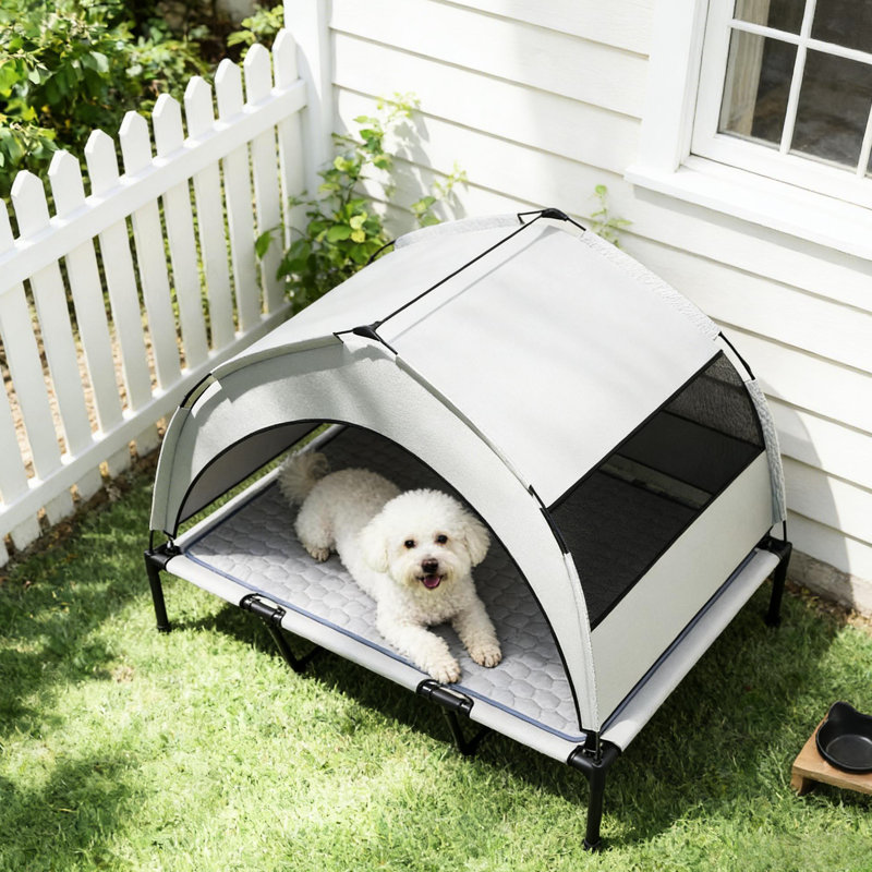 Lit surélevé portatif pour grand chien - auvent à trois côtés, filet respirant, coussin de refroidissement et rangement extérieur requis pour l'assemblage, adapté