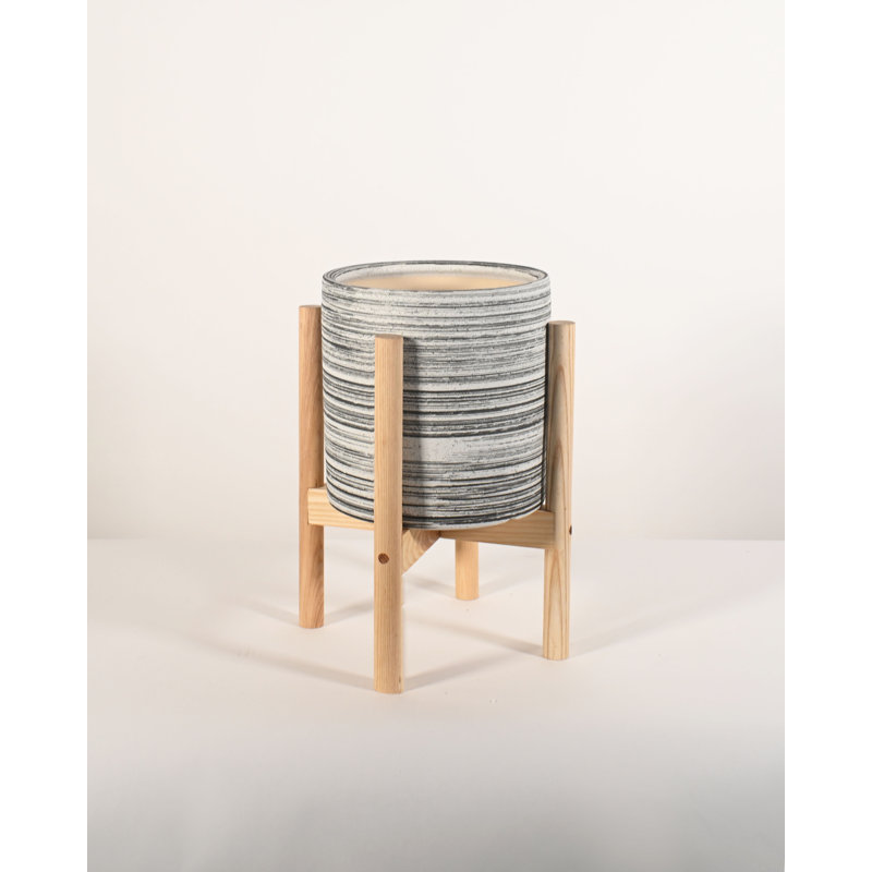 Pot de fleurs en céramique Sabina, Gris / hêtre naturel