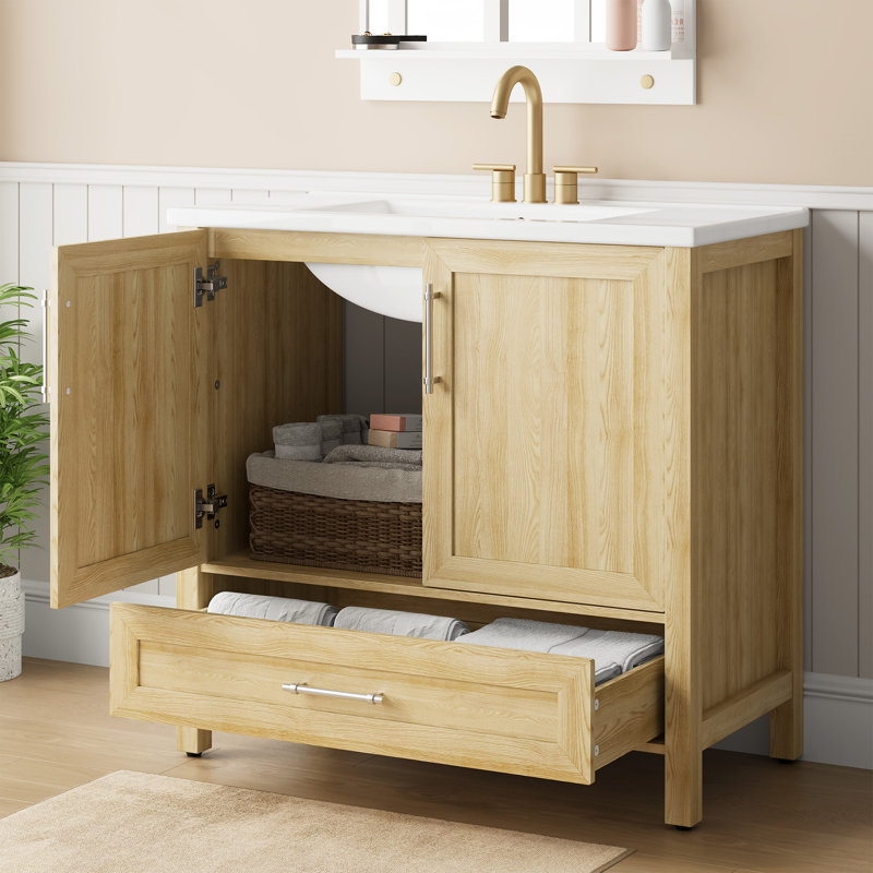36" Freestanding Bathroom Vanity with Sink, Natural Wood Cabinet with Soft-Close Doors and Storage Drawer for Modern Bathrooms