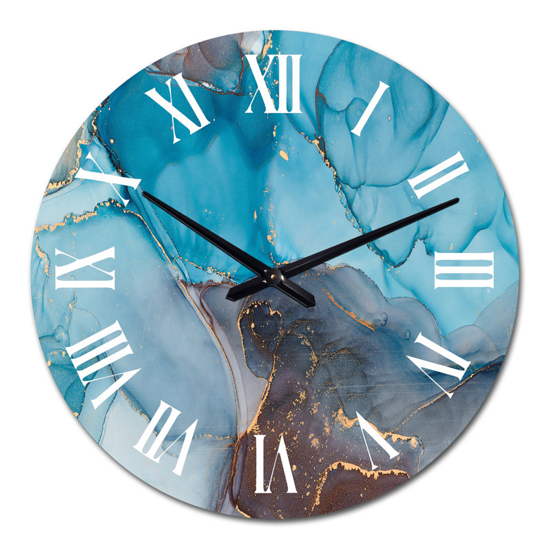 Horloge murale moderne bleue et grise, art abstrait fluide IV, Grand