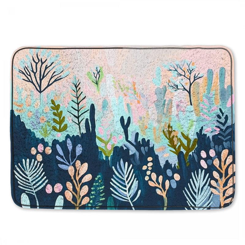 Tapis de bain Botanical Boho, Simple - L 34 po x l 21 po, Blue/Pink Abstract/Floral