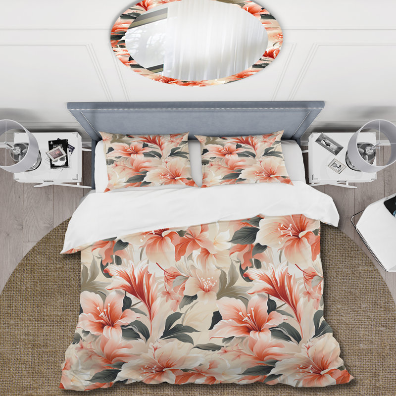 Literie délicate motif tropical neutre I, Housse de couette pour grand lit et 2 taies décor